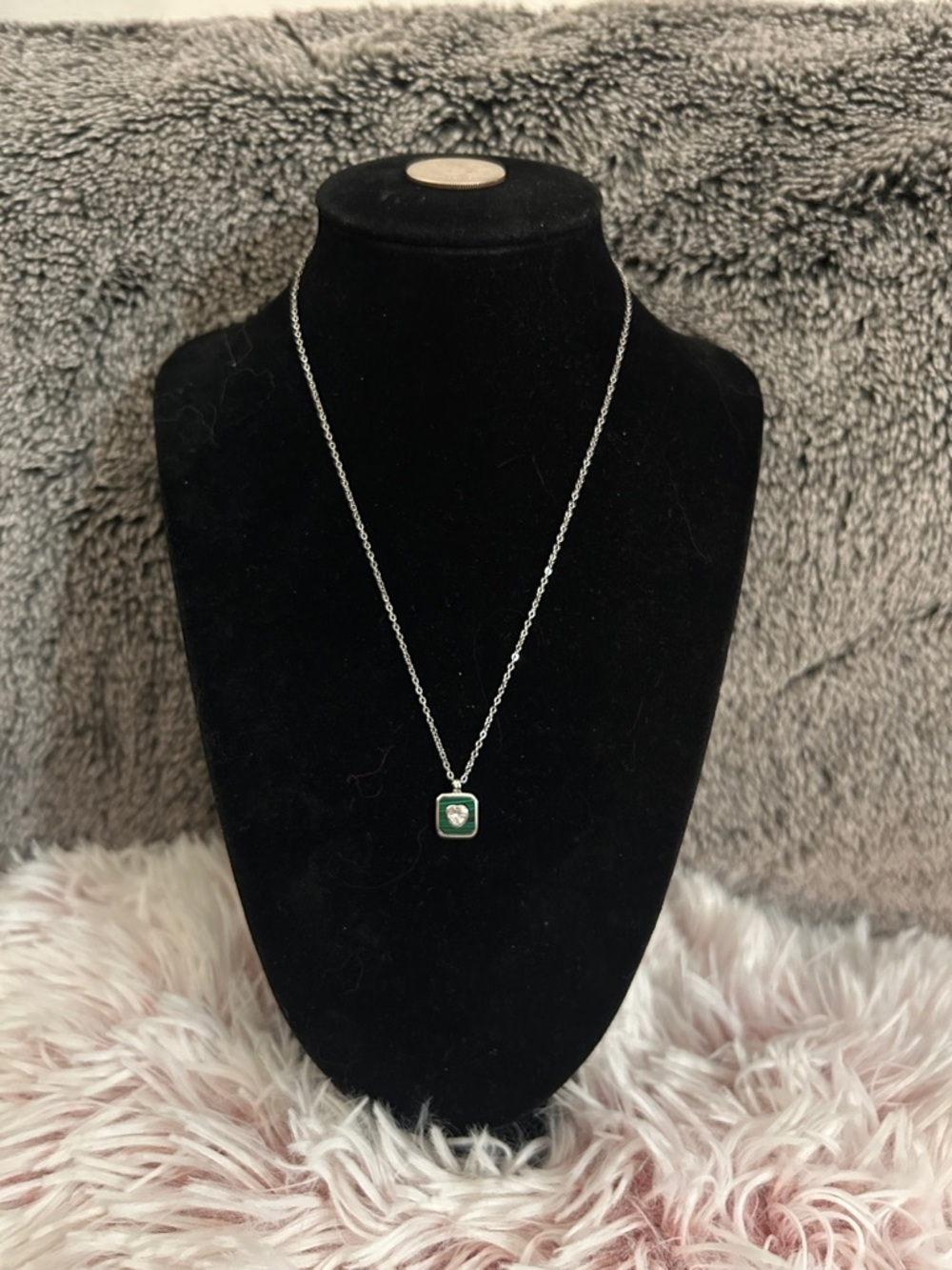 925 Sterling Silver Malachite CZ Heart Pendant Necklace - 16-18 inches NEW - Picture 2 of 9